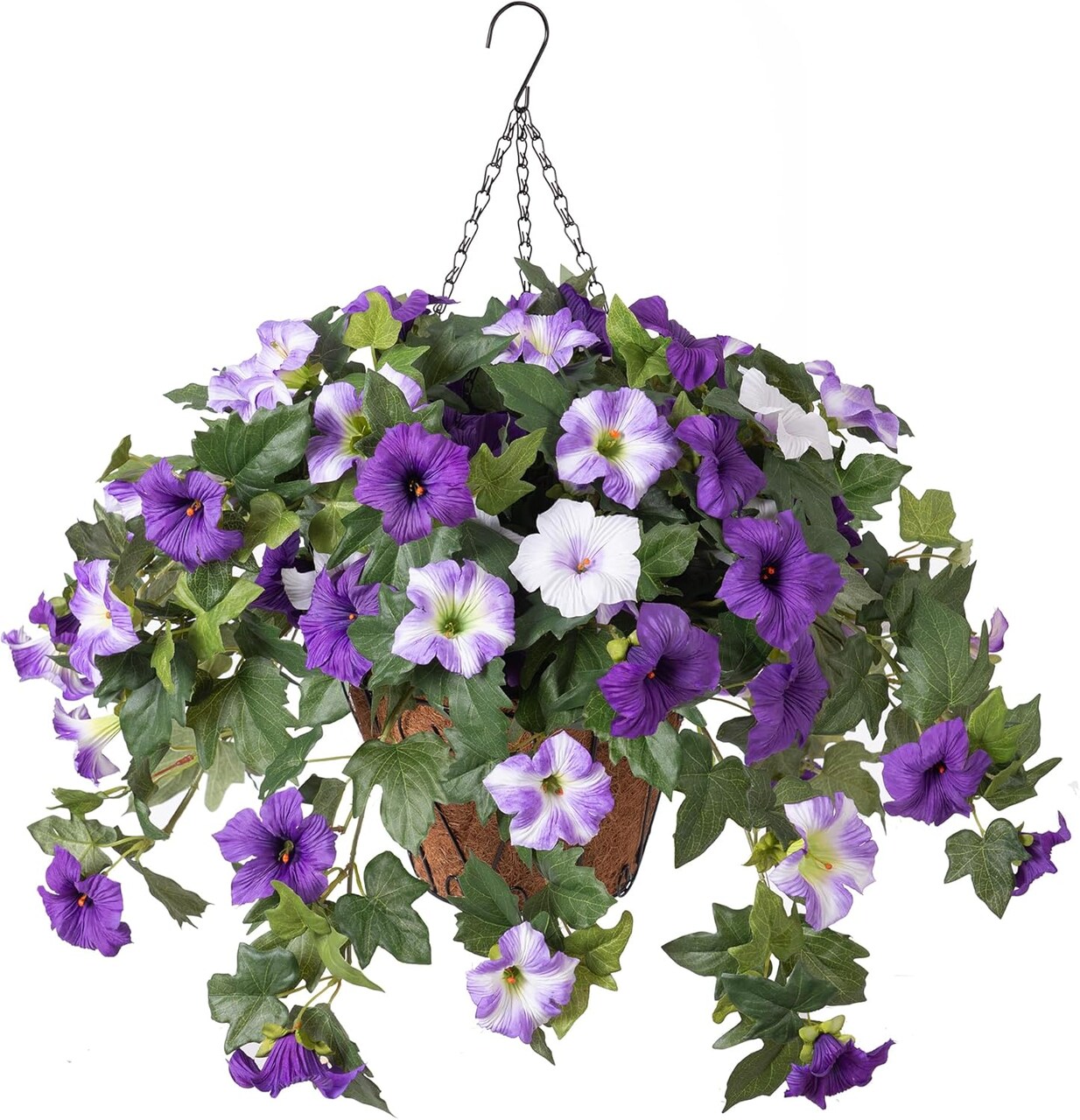 Artificial Fall Flowers with Hanging Basket, UV Resistant Faux Petunias for Outdoor and Indoor Autumn Decor
